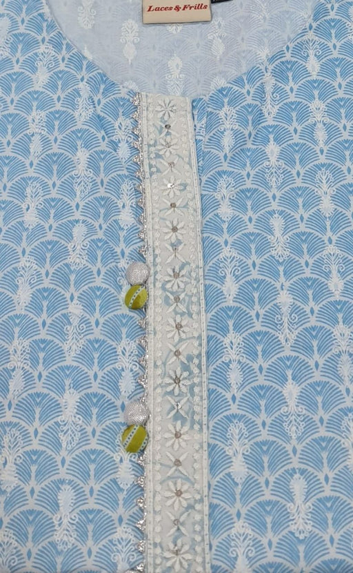 Sky Blue Motif Jaipuri Cotton Kurti. Pure Versatile Cotton. | Laces and Frills - Laces and Frills
