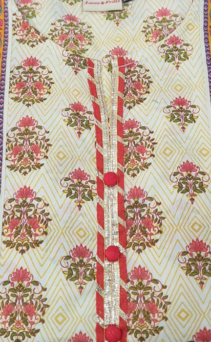 Off White/Peach Pink Floral Motif Jaipuri Cotton Kurti. Pure Versatile Cotton. | Laces and Frills - Laces and Frills