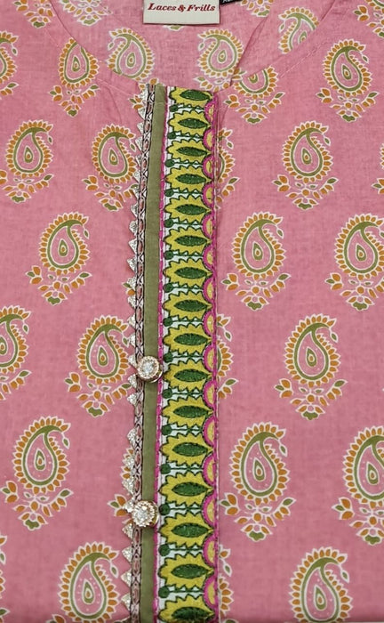 Peach Pink Motif Jaipuri Cotton Kurti. Pure Versatile Cotton. | Laces and Frills - Laces and Frills