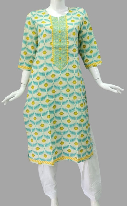 White/Sky Blue Leaves Jaipuri Cotton Kurti. Pure Versatile Cotton. | Laces and Frills - Laces and Frills
