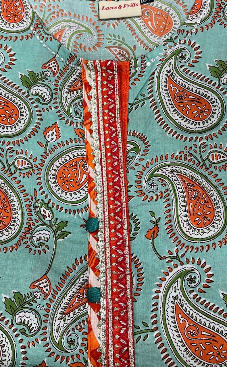 Sea Green/Orange Motif Jaipuri Cotton Kurti. Pure Versatile Cotton. | Laces and Frills - Laces and Frills