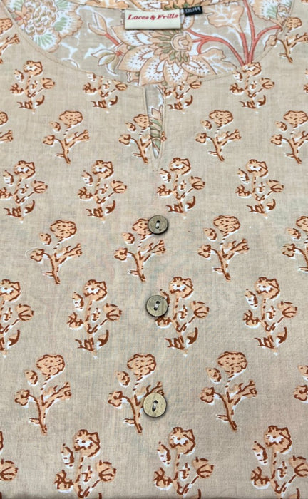 Beige/Peach Flora Jaipuri Cotton Kurti. Pure Versatile Cotton. | Laces and Frills - Laces and Frills