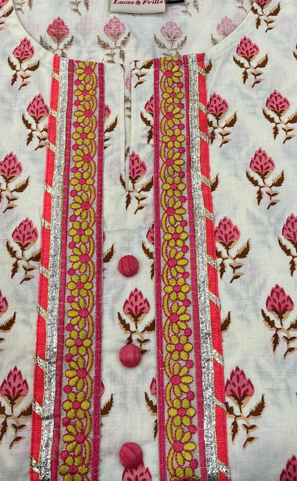 Off White/Peach Flora Jaipuri Cotton Kurti. Pure Versatile Cotton. | Laces and Frills - Laces and Frills