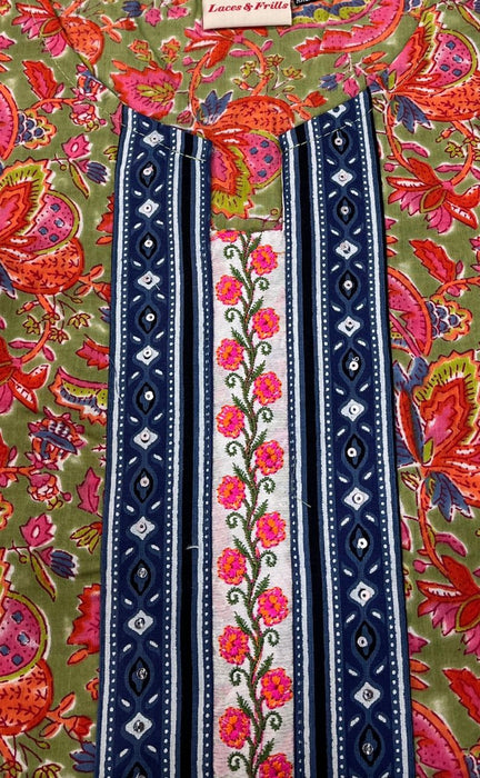 Green/Orange Garden Jaipuri Cotton Kurti. Pure Versatile Cotton. | Laces and Frills - Laces and Frills