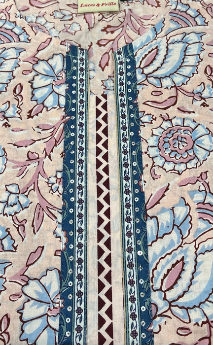 Peach/Light Blue Garden Jaipuri Cotton Kurti. Pure Versatile Cotton. | Laces and Frills - Laces and Frills