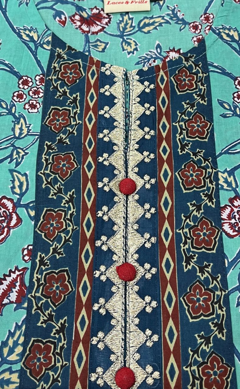 Sea Green/Blue Garden Jaipuri Cotton Kurti. Pure Versatile Cotton. | Laces and Frills - Laces and Frills