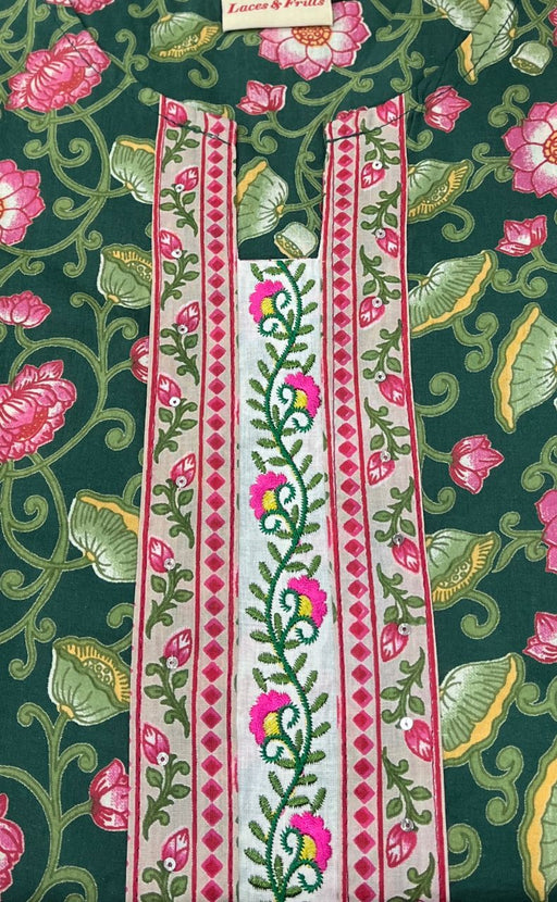 Bottle Green/Pink Garden Jaipuri Cotton Kurti. Pure Versatile Cotton. | Laces and Frills - Laces and Frills