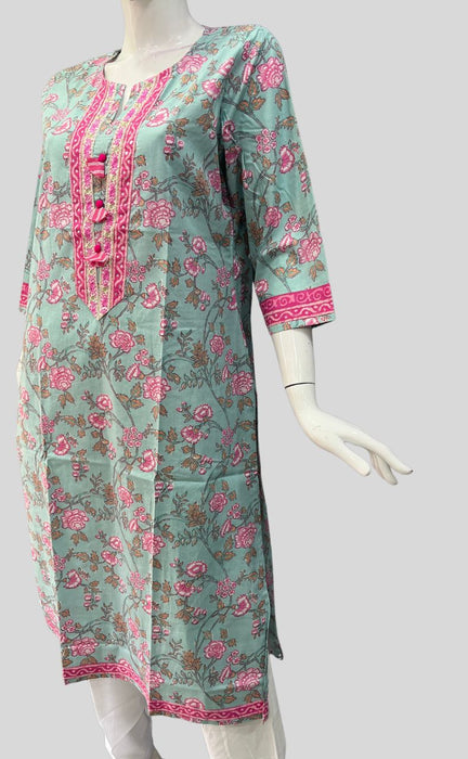 Green/Pink Garden Jaipuri Cotton Kurti. Pure Versatile Cotton. | Laces and Frills - Laces and Frills