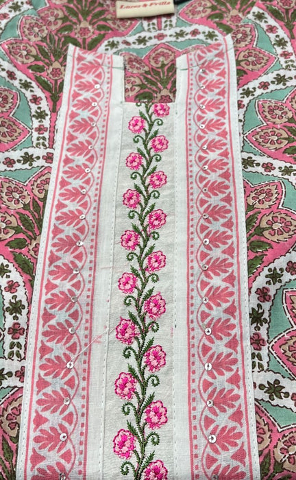 Pista Green/Pink Garden Jaipuri Cotton Kurti. Pure Versatile Cotton. | Laces and Frills - Laces and Frills