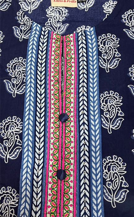 Navy Blue Floral Jaipuri Cotton Kurti. Pure Versatile Cotton. | Laces and Frills - Laces and Frills
