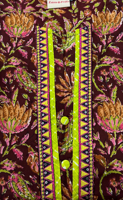 Dark Maroon Floral Jaipuri Cotton Kurti. Pure Versatile Cotton. | Laces and Frills - Laces and Frills