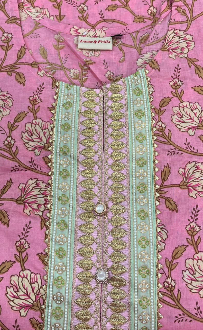 Pink Floral Jaipuri Cotton Kurti. Pure Versatile Cotton. | Laces and Frills - Laces and Frills