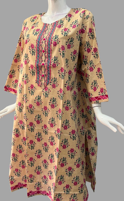 Beige/Pink Garden Jaipuri Cotton Kurti. Pure Versatile Cotton. | Laces and Frills - Laces and Frills