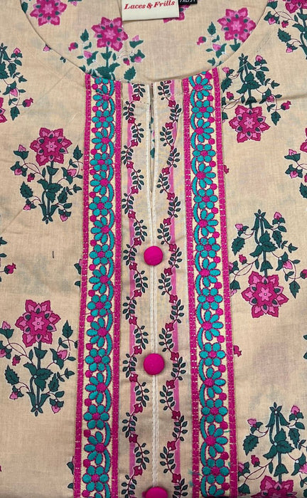 Beige/Pink Garden Jaipuri Cotton Kurti. Pure Versatile Cotton. | Laces and Frills - Laces and Frills