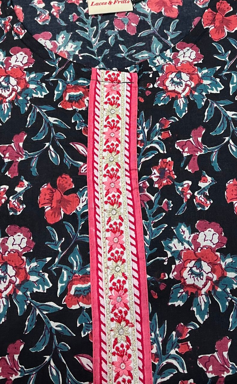 Black/Red Flora Jaipuri Cotton Kurti. Pure Versatile Cotton. | Laces and Frills - Laces and Frills