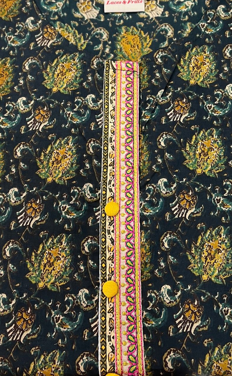 Bottle Green/Yellow Garden Jaipuri Cotton Kurti. Pure Versatile Cotton. | Laces and Frills - Laces and Frills