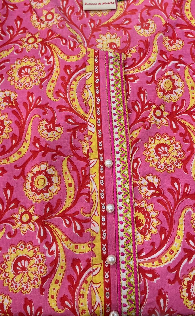 Rani Pink/Yellow Garden Jaipuri Cotton Kurti. Pure Versatile Cotton. | Laces and Frills - Laces and Frills