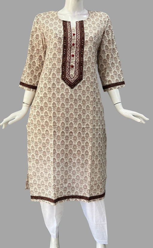 Off White/Brown Garden Jaipuri Cotton Kurti. Pure Versatile Cotton. | Laces and Frills - Laces and Frills