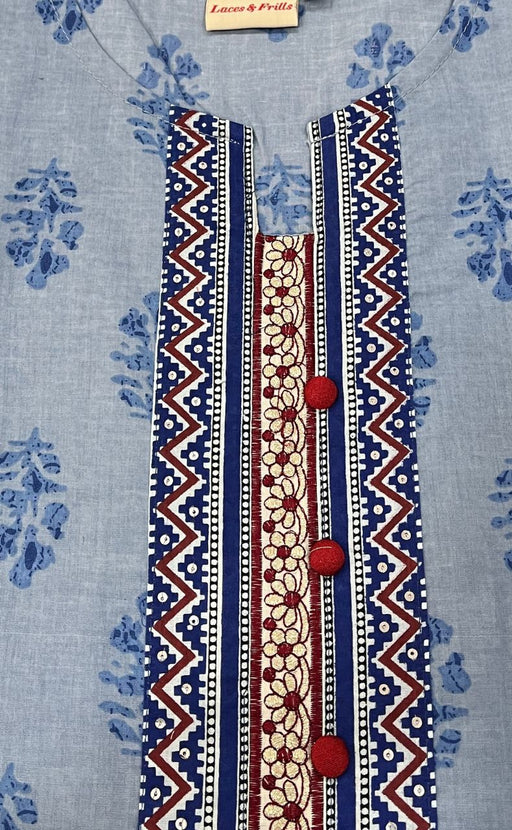 Light Blue Floral Jaipuri Cotton Kurti. Pure Versatile Cotton. | Laces and Frills - Laces and Frills