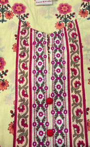 Light Yellow/Pink Floral Jaipuri Cotton Kurti. Pure Versatile Cotton. | Laces and Frills - Laces and Frills