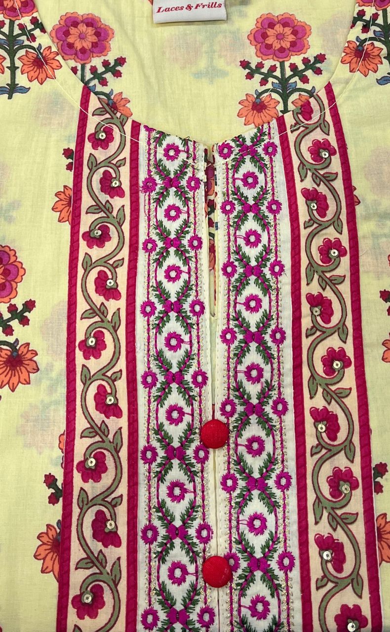 Light Yellow/Pink Floral Jaipuri Cotton Kurti. Pure Versatile Cotton. | Laces and Frills - Laces and Frills