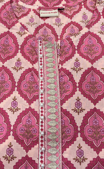 Off White/Pink Black Print Jaipuri Cotton Kurti. Pure Versatile Cotton. | Laces and Frills - Laces and Frills