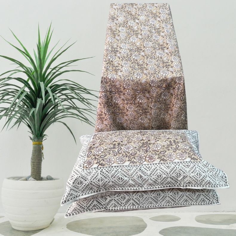 Mustard Mughal Double Bedsheet with Pillow Covers|108" x 108"| Laces and Frills - Laces and Frills