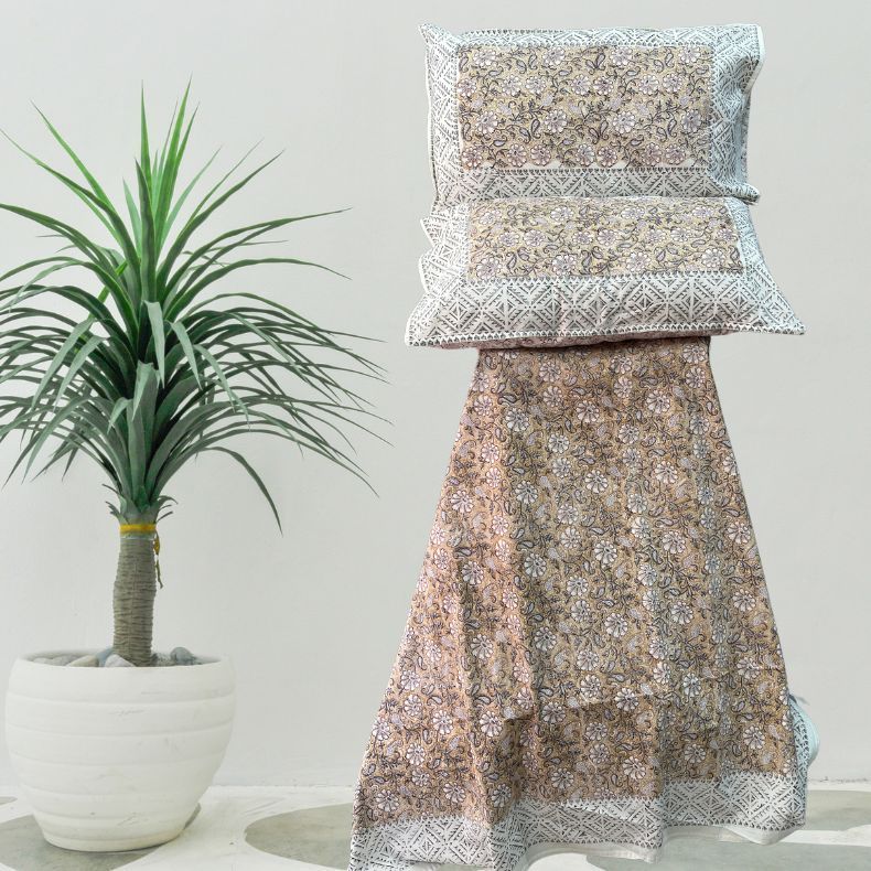 Mustard Mughal Double Bedsheet with Pillow Covers|108" x 108"| Laces and Frills - Laces and Frills