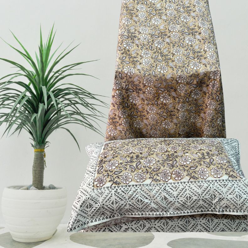 Mustard Mughal Double Bedsheet with Pillow Covers|108" x 108"| Laces and Frills - Laces and Frills