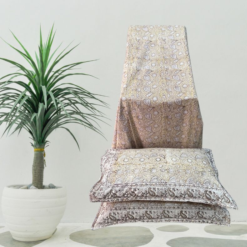 Mustard Mughal Double Bedsheet with Pillow Covers|108" x 108"| Laces and Frills - Laces and Frills