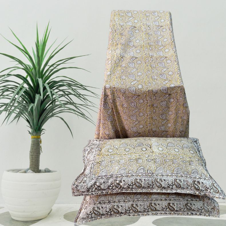 Mustard Mughal Double Bedsheet with Pillow Covers|108" x 108"| Laces and Frills - Laces and Frills