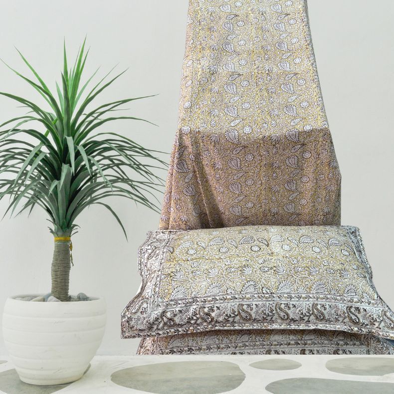 Mustard Mughal Double Bedsheet with Pillow Covers|108" x 108"| Laces and Frills - Laces and Frills