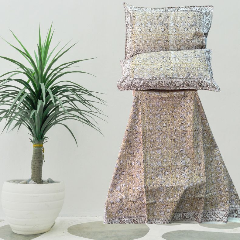 Mustard Mughal Double Bedsheet with Pillow Covers|108" x 108"| Laces and Frills - Laces and Frills