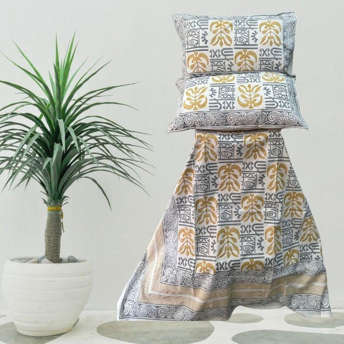 Ash Grey/Yellow Mughal Double Bedsheet with Pillow Covers|108" x 108"| Laces and Frills - Laces and Frills