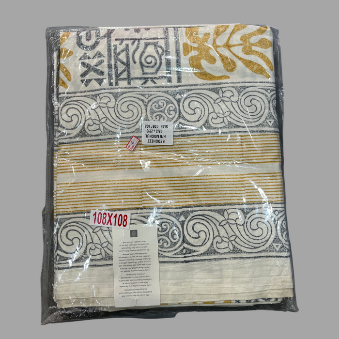 Ash Grey/Yellow Mughal Double Bedsheet with Pillow Covers|108" x 108"| Laces and Frills - Laces and Frills