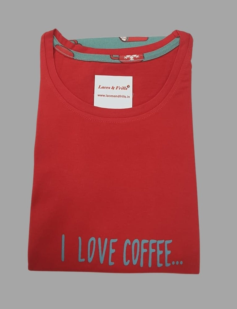 Red Coffee Mug Women's Cotton Printed Night Suit Set | Pure Cotton Hosiery | Laces and Frills - Laces and Frills