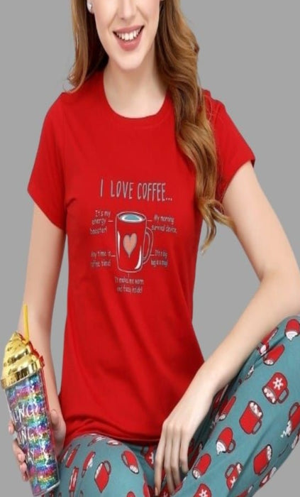 Red Coffee Mug Women's Cotton Printed Night Suit Set | Pure Cotton Hosiery | Laces and Frills - Laces and Frills