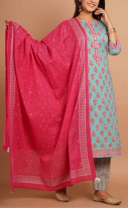 Sea Green/Pink Floral Kurti With Pant And Dupatta Set  .Pure Versatile Cotton. | Laces and Frills - Laces and Frills