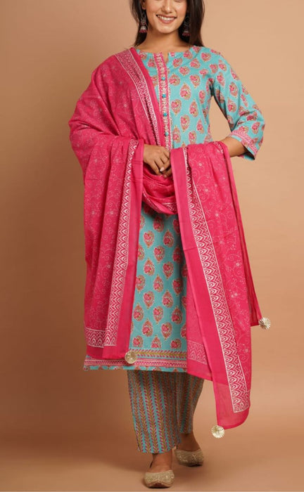 Sea Green/Pink Floral Kurti With Pant And Dupatta Set  .Pure Versatile Cotton. | Laces and Frills - Laces and Frills