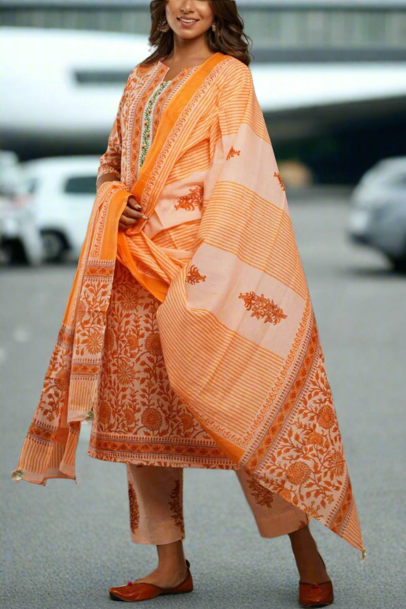 Peach/Orange Floral Kurti With Pant And Dupatta Set  .Pure Versatile Cotton. | Laces and Frills - Laces and Frills