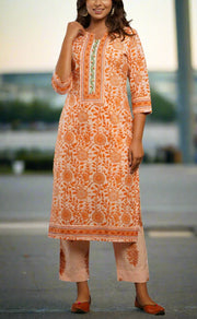 Peach/Orange Floral Kurti With Pant And Dupatta Set  .Pure Versatile Cotton. | Laces and Frills - Laces and Frills