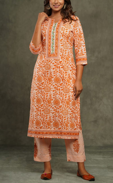 Peach/Orange Floral Kurti With Pant And Dupatta Set  .Pure Versatile Cotton. | Laces and Frills - Laces and Frills