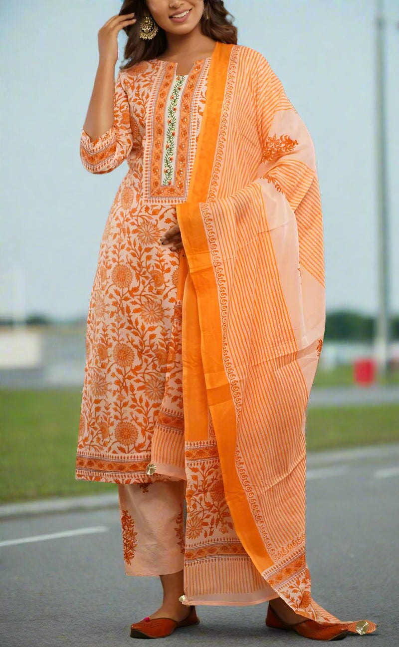 Peach/Orange Floral Kurti With Pant And Dupatta Set  .Pure Versatile Cotton. | Laces and Frills - Laces and Frills