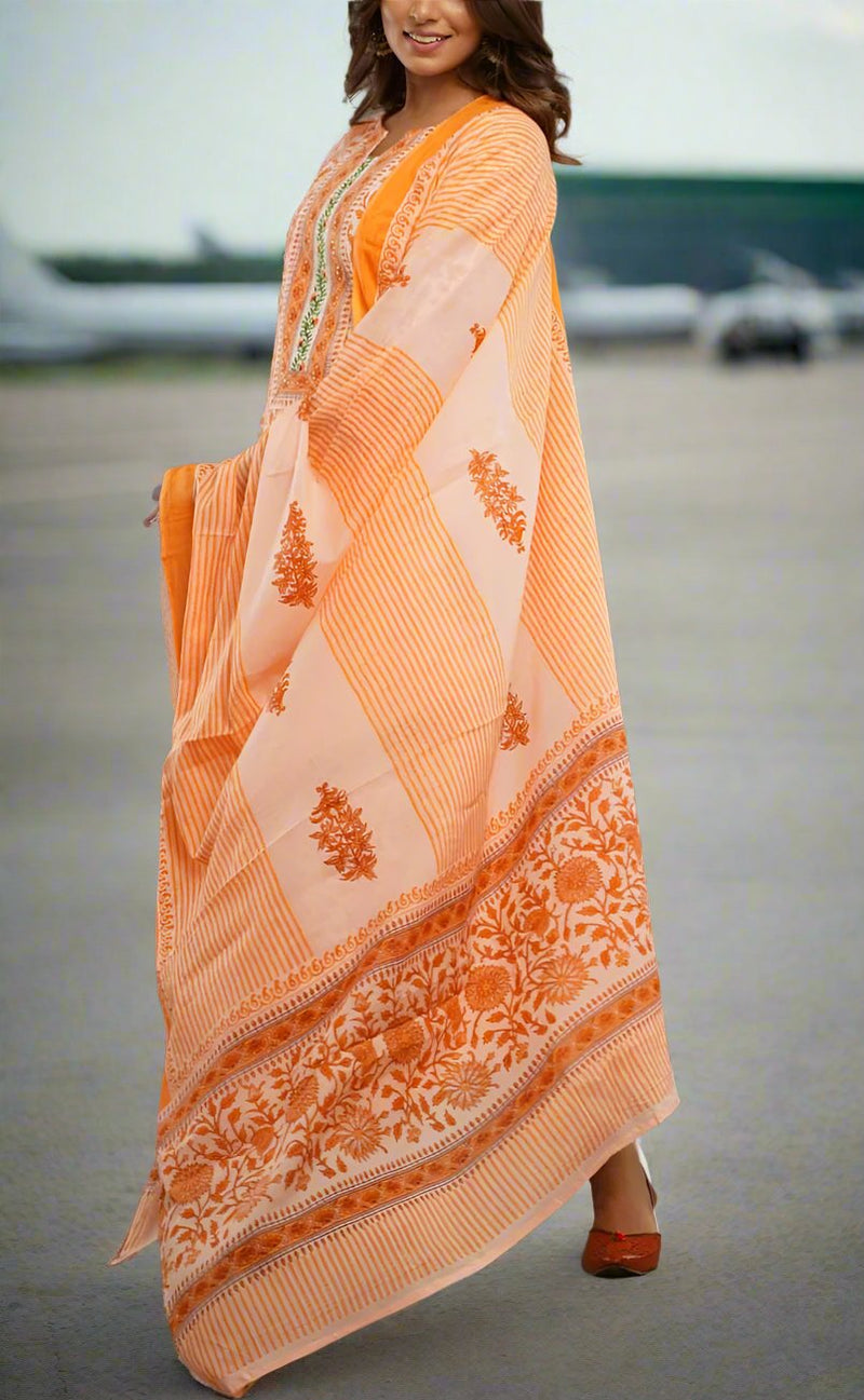 Peach/Orange Floral Kurti With Pant And Dupatta Set  .Pure Versatile Cotton. | Laces and Frills - Laces and Frills