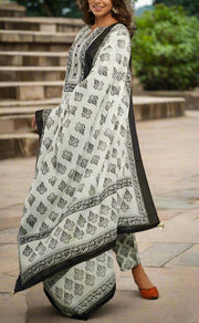 Light Green/Black Motif Kurti With Pant And Dupatta Set  .Pure Versatile Cotton. | Laces and Frills - Laces and Frills