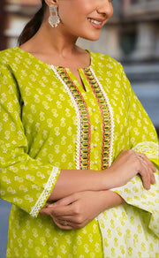 Green Butta Kurti With Pant And Dupatta Set  .Pure Versatile Cotton. | Laces and Frills - Laces and Frills