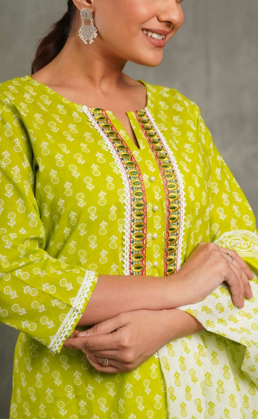 Green Butta Kurti With Pant And Dupatta Set  .Pure Versatile Cotton. | Laces and Frills - Laces and Frills