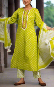 Green Butta Kurti With Pant And Dupatta Set  .Pure Versatile Cotton. | Laces and Frills - Laces and Frills