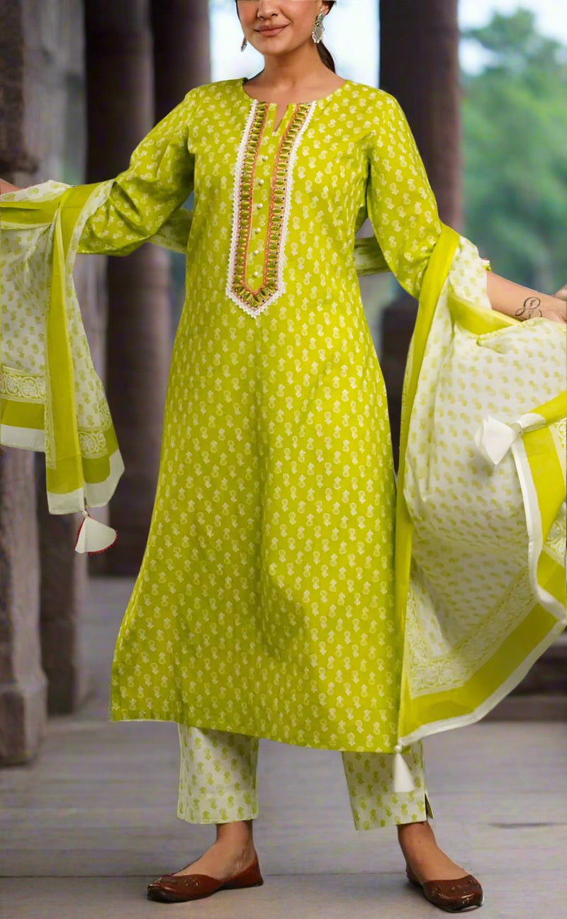 Green Butta Kurti With Pant And Dupatta Set  .Pure Versatile Cotton. | Laces and Frills - Laces and Frills