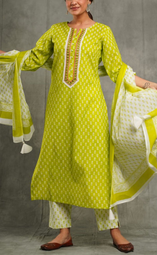 Green Butta Kurti With Pant And Dupatta Set  .Pure Versatile Cotton. | Laces and Frills - Laces and Frills